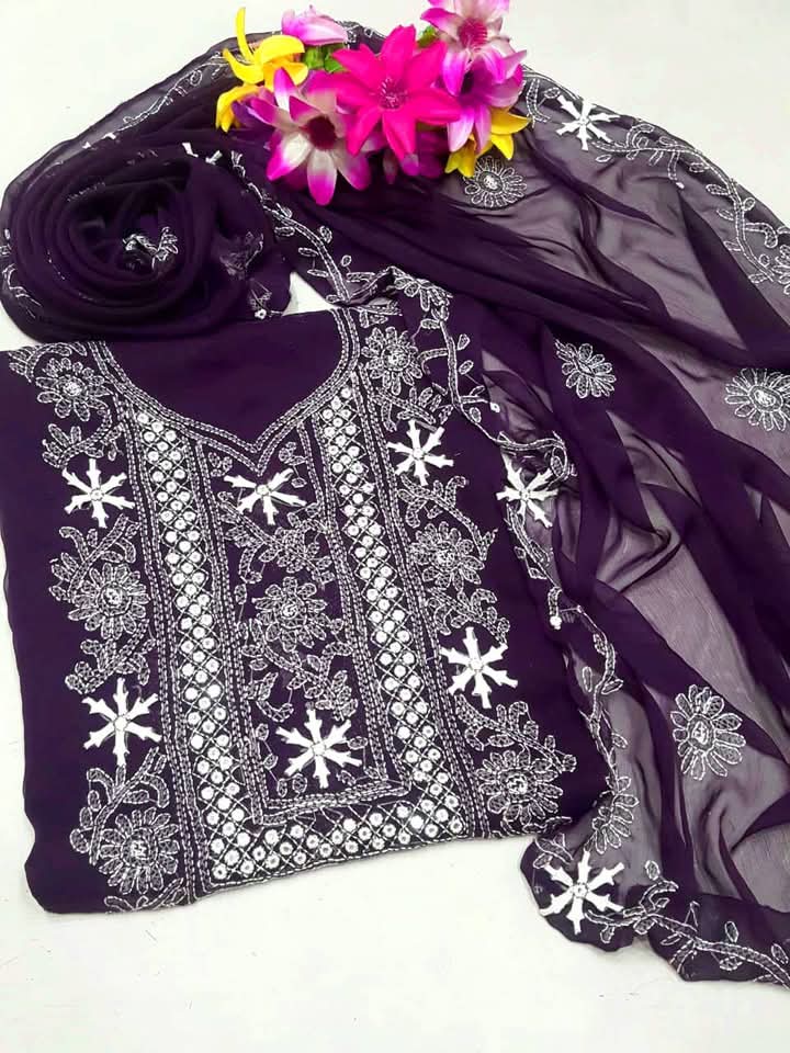Chiffon Chikenkari Mirror Luxury Collection - Unstitch Shirt Dupatta