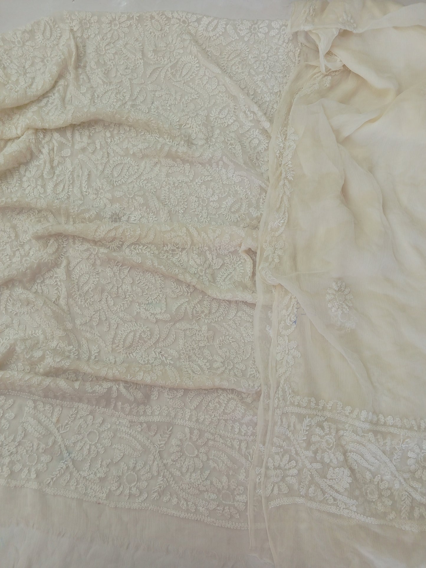 Chikenkari chiffon shirt dupptta - Offwhite