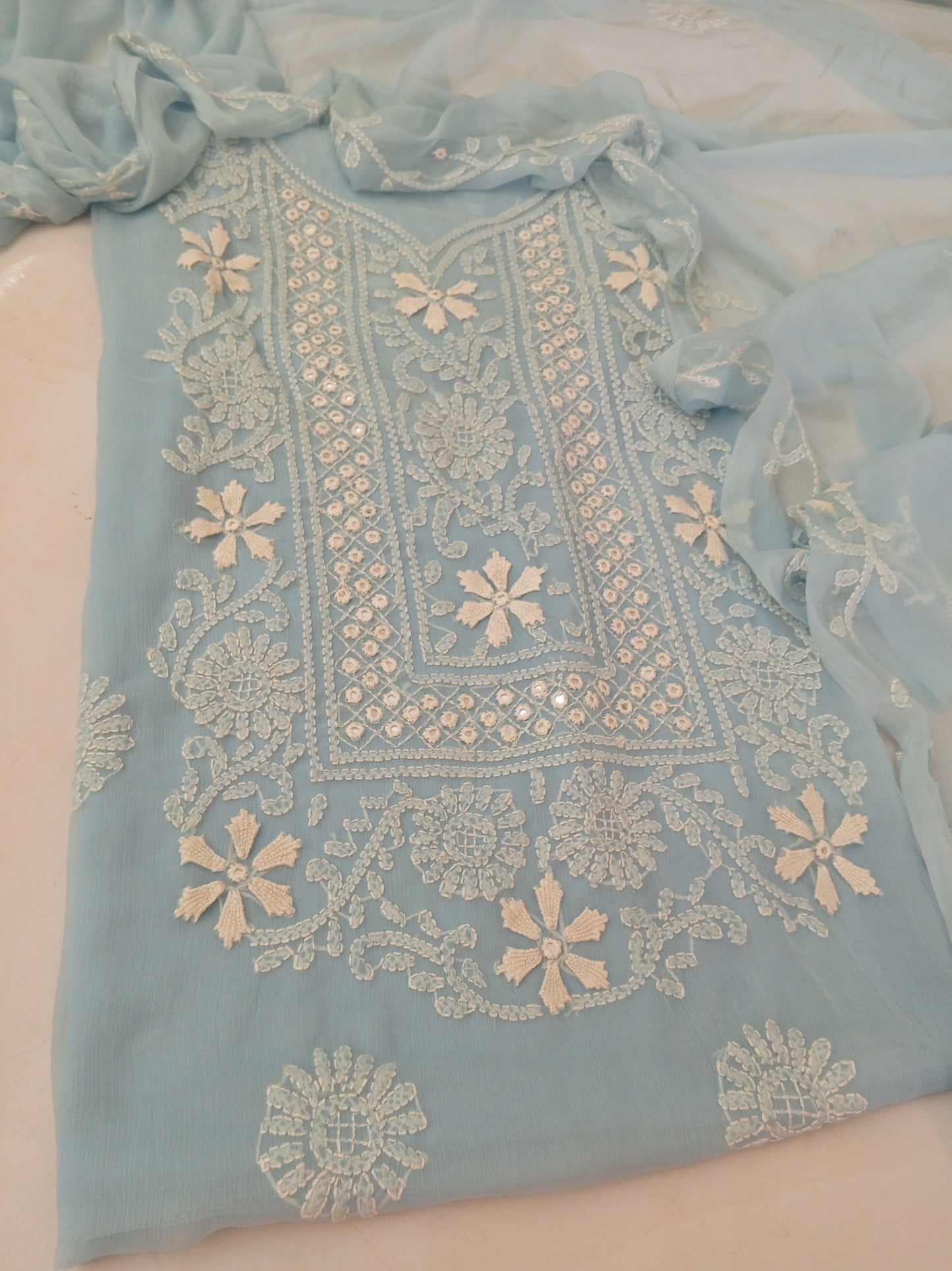 Chiffon Chikenkari Mirror Luxury Collection - Unstitch Shirt Dupatta