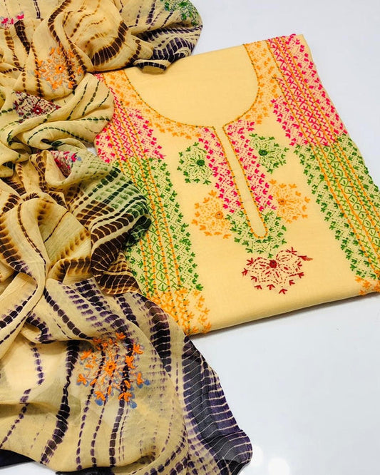 Afghani Style Lawn Dress With Tye Dye Duppatta👗- Lemon