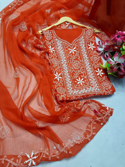 Chiffon Chikenkari Mirror Luxury Collection - Unstitch Shirt Dupatta