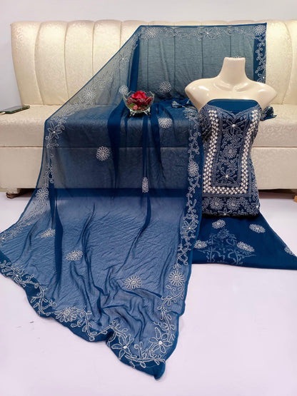 Chiffon Chikenkari Mirror Luxury Collection - Unstitch Shirt Dupatta