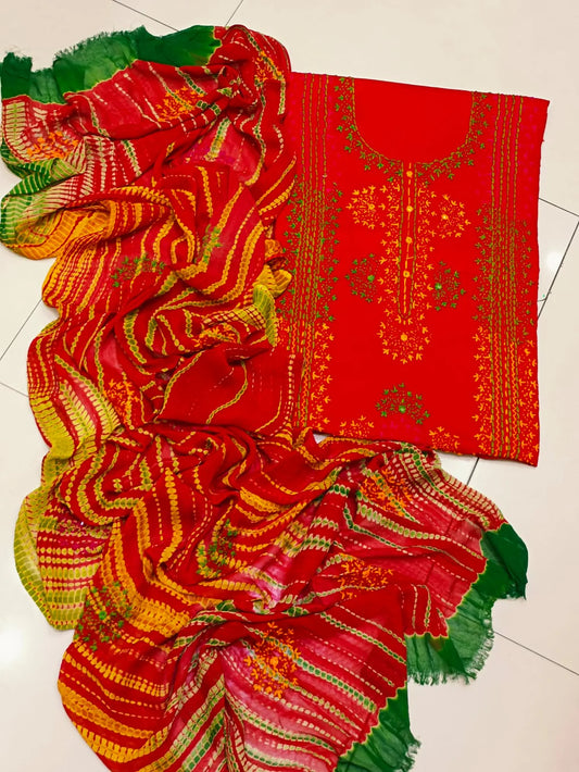 Afghani Style Lawn Dress With Tye Dye Duppatta👗- Red