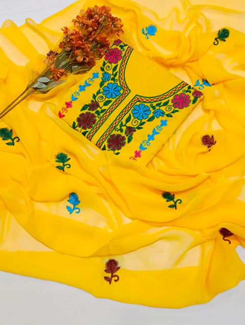 Aari Work Lawn 3 Piece Dress Along with Chiffon Duppatta - Yellow