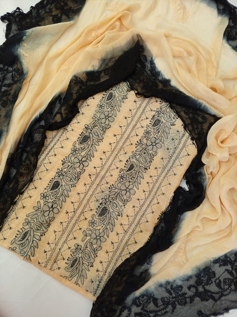 Tarkashi with chickenkari paper cotton shirt chiffon dupptta - Lemon