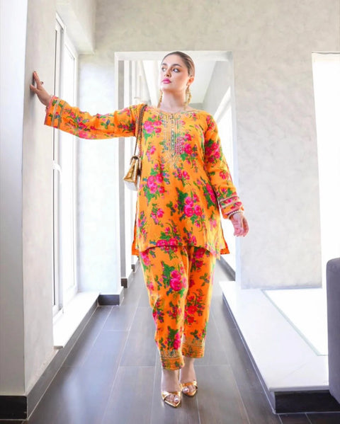 Light Weight Marina Floral Print Neck Tilla & Mirror Work 2Pcs Dress