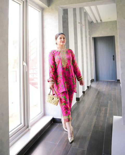 Light Weight Marina Floral Print Neck Tilla & Mirror Work 2Pcs Dress