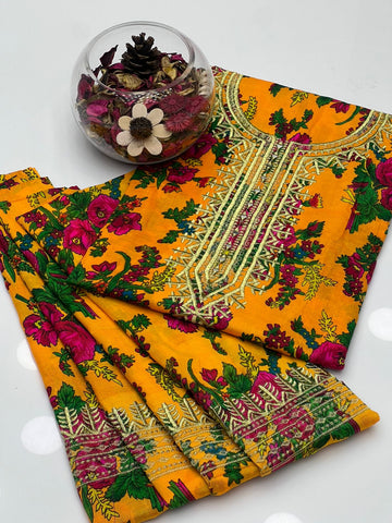 Light Weight Marina Floral Print Neck Tilla & Mirror Work 2Pcs Dress