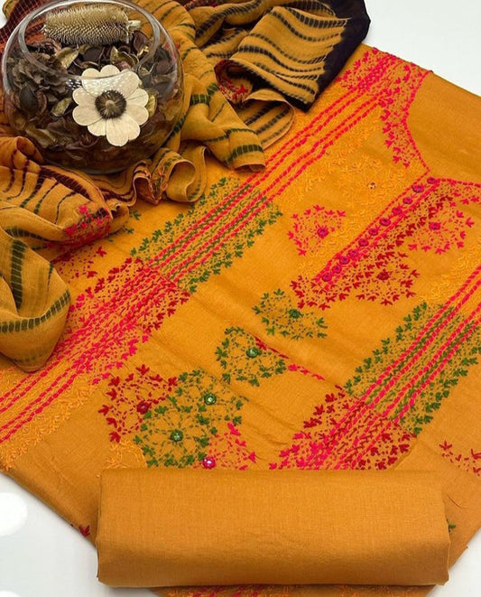 Afghani Style Lawn Dress With Tye Dye Duppatta👗- Mustard