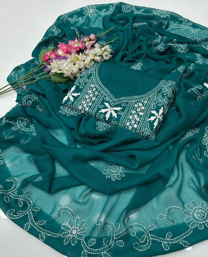 Chiffon Chikenkari Mirror Luxury Collection - Unstitch Shirt Dupatta