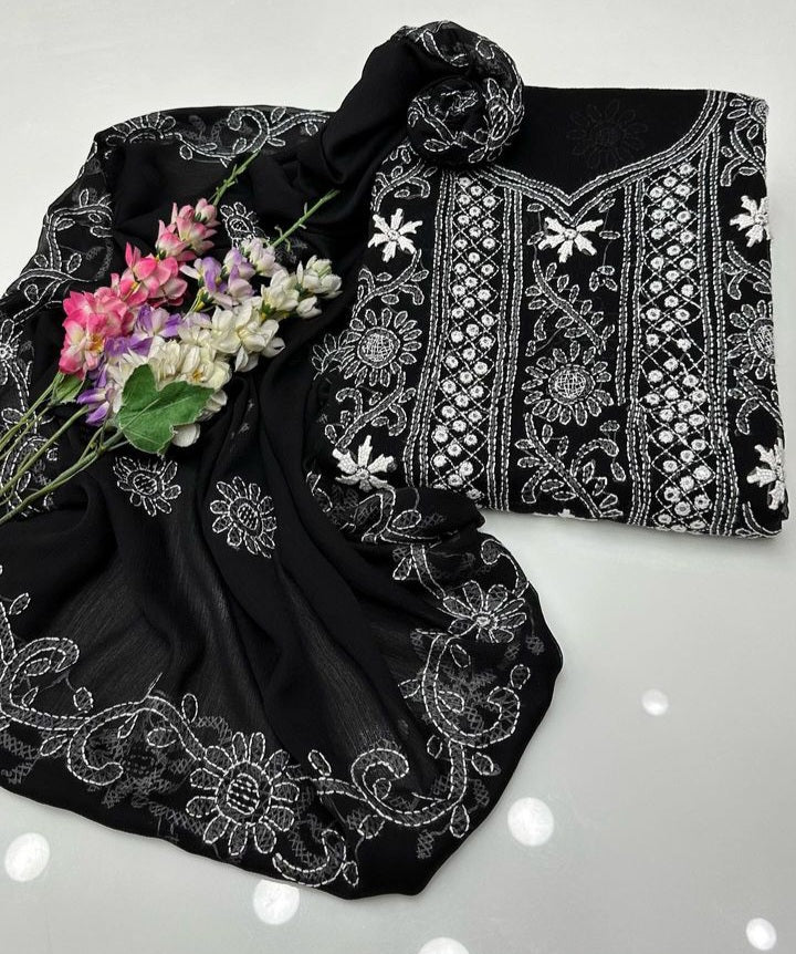 Chiffon Chikenkari Mirror Luxury Collection - Unstitch Shirt Dupatta