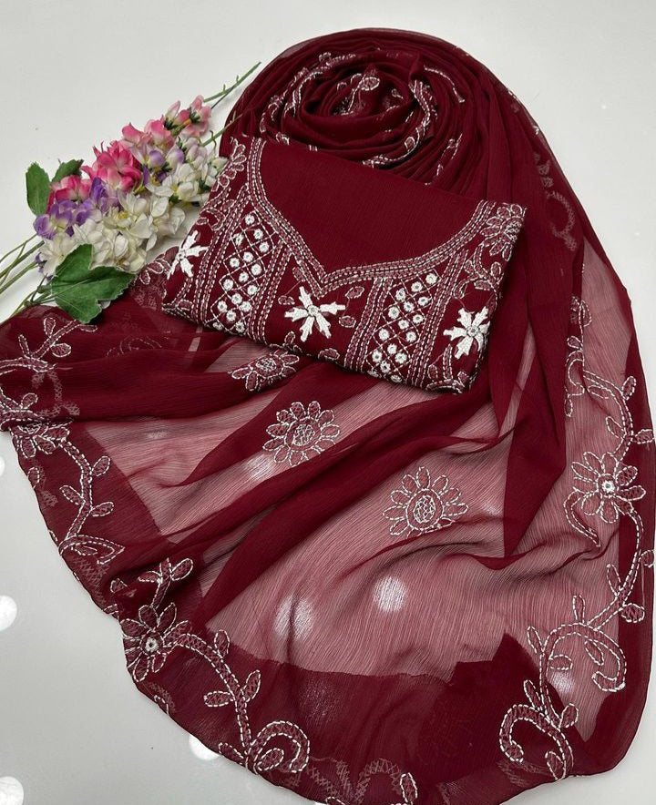 Chiffon Chikenkari Mirror Luxury Collection - Unstitch Shirt Dupatta